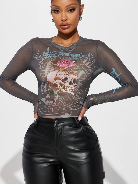 Ed Hardy Tops - Ed Hardy Mesh Skull Graphic Long Sleeve Top Size M NWT